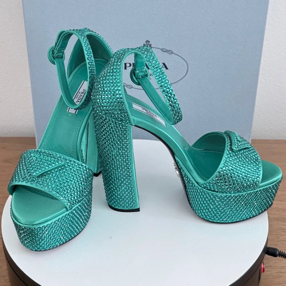 Prada Crystal‑Embellished Satin Platform Sandals Aqua Green Made in Italy. UK 36